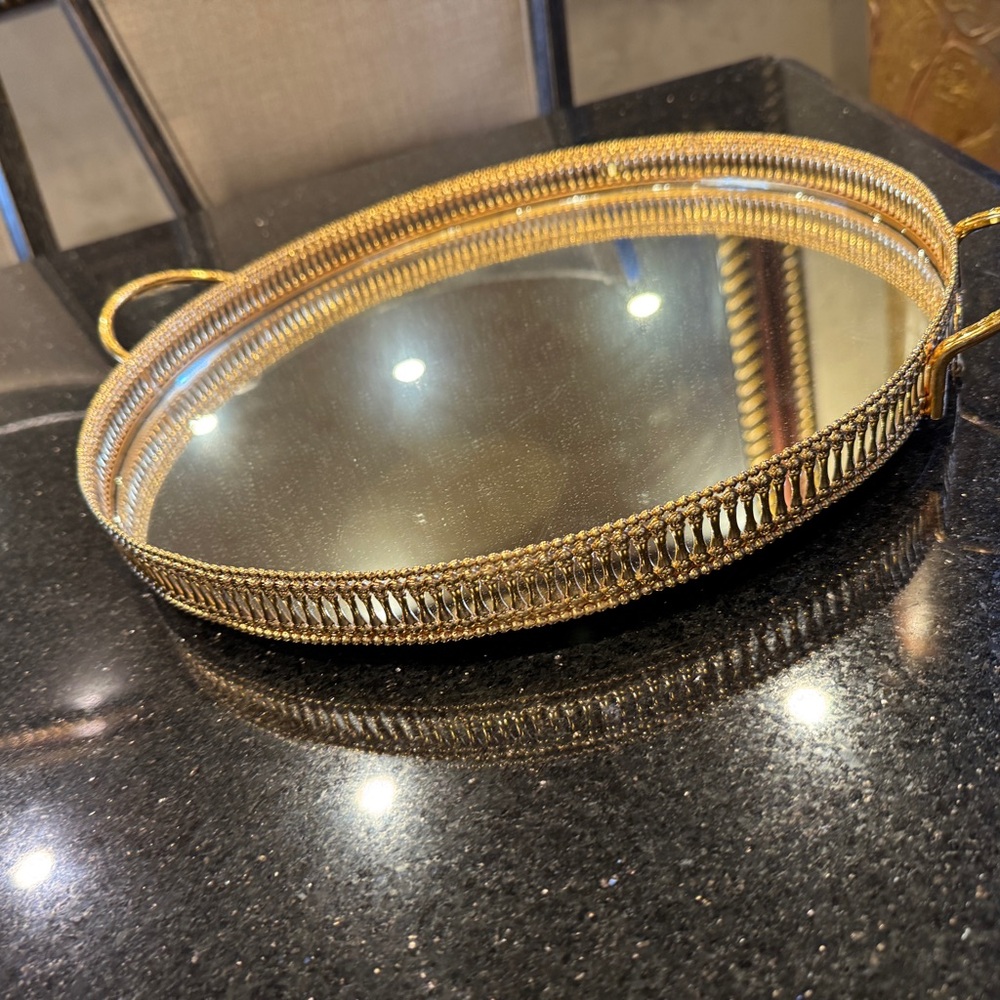 Ornate Gold Mirrored Vanity Tray with Braided Rim
